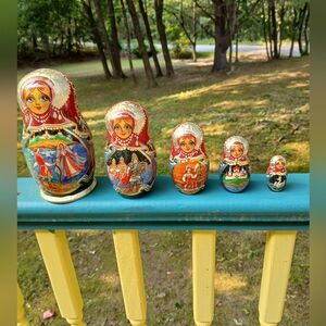 Hand-Painted Russian Nesting Dolls - Fairy Tale Multi Colored 5 Dolls Wood